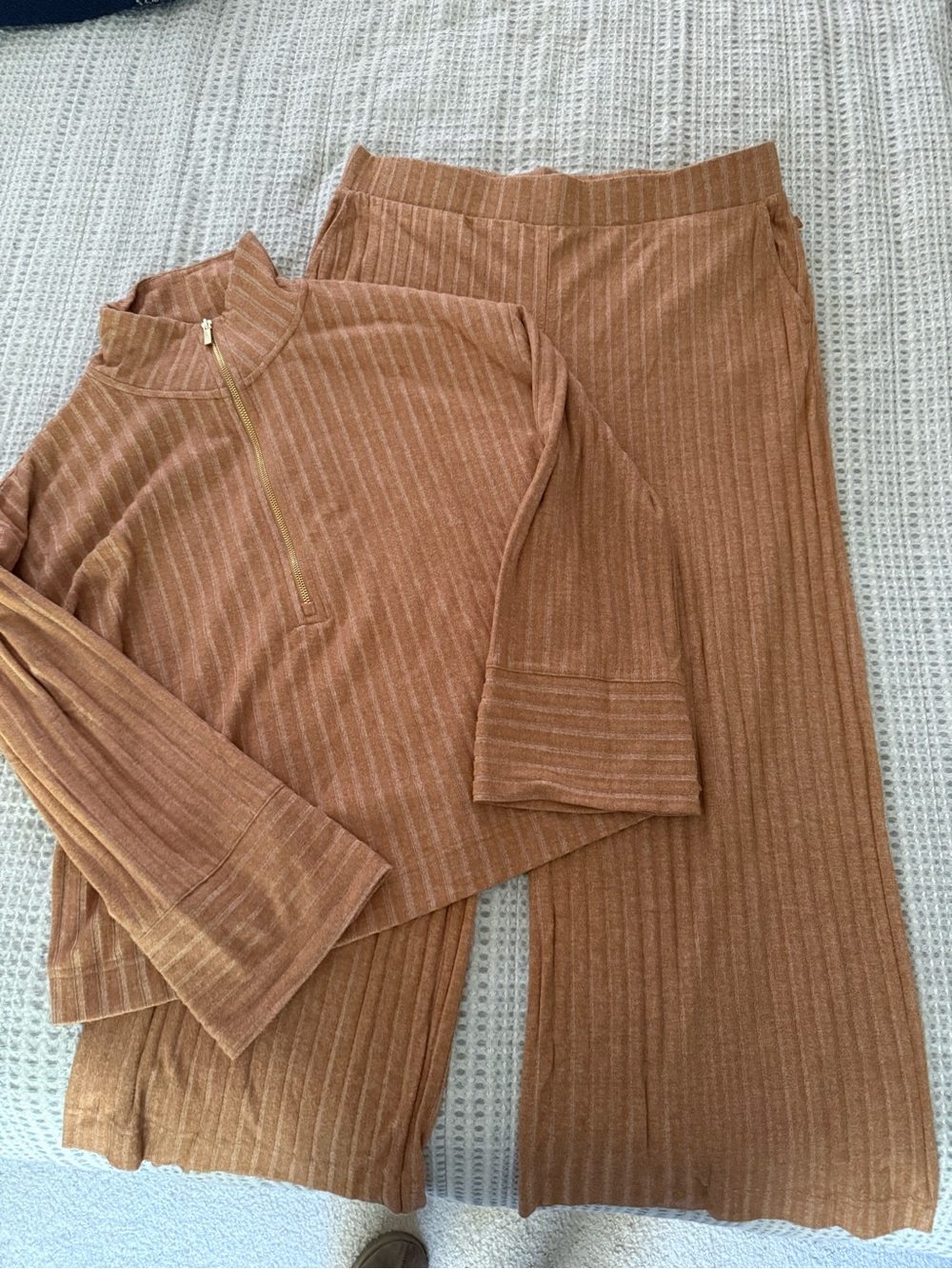 Lou & Grey Ribbed Knit Zip Pullover and Wide-Leg Pants Set - Tan